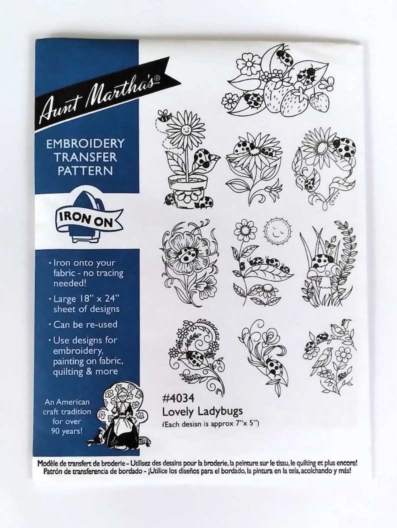Aunt Martha's Hot Iron Transfers, Discontinued or Hard to Find Iron on Designs to Embroider or Paint, for Fabric, Linens, and Clothing 4034 Lovely Ladybugs