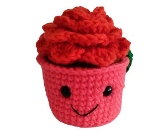 CLEARANCE: Dark Coral Blooming Rose in Smiling Flowerpot