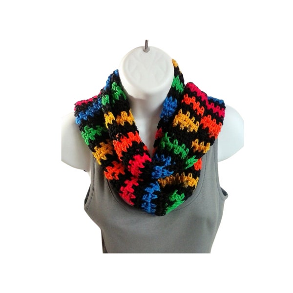 Primary Color Striped Scarf with Black, Unisex Crocheted Rainbow Scarf, 5-Foot Long Woven Look Scarf, Gender Neutral Gift, Gift of Warmth,