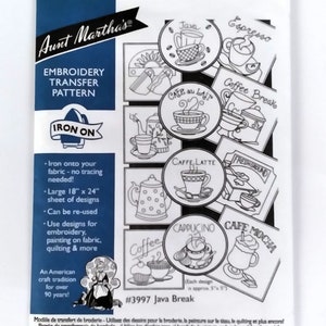 Aunt Martha's Hot Iron Transfers, Discontinued or Hard to Find Iron on Designs to Embroider or Paint, for Fabric, Linens, and Clothing 3997 Java Break