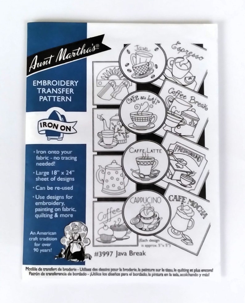 Aunt Martha's Hot Iron Transfers, Discontinued or Hard to Find Iron on Designs to Embroider or Paint, for Fabric, Linens, and Clothing 3997 Java Break