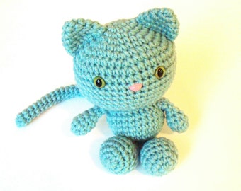 Crochet Kitty Cat Plushie, Robins Egg Blue Kitten Doll with Green Eyes, Amigurumi Stuffed Animal, Children's Gift, Stocking Stuffer