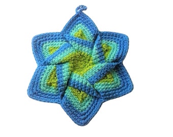 Star Flower Potholder, 100% Cotton Crochet Trivet in Bright Blue, Aqua and Lime Green, 6-Pointed Star, Gift for Cook or Baker, Basket Add In