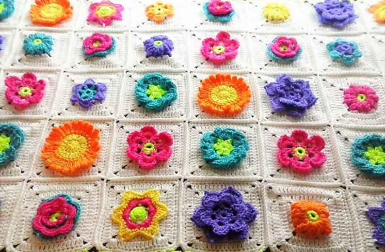 Bright and Colorful Flower Blanket 3 Dimensional Flower Blanket Meadow Mystery Throw Floral Patchwork Throw Multi Color Garden Throw