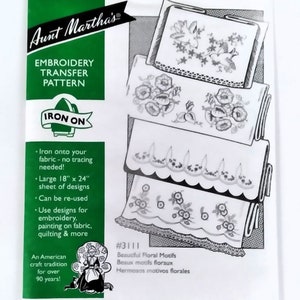 Aunt Martha's Hot Iron Transfers, Discontinued or Hard to Find Iron on Designs to Embroider or Paint, for Fabric, Linens, and Clothing 3111 Floral Motifs