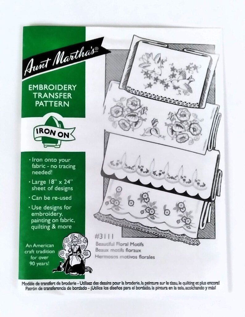 Aunt Martha's Hot Iron Transfers, Discontinued or Hard to Find Iron on Designs to Embroider or Paint, for Fabric, Linens, and Clothing 3111 Floral Motifs