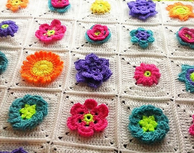 Bright and Colorful Flower Blanket 3 Dimensional Flower Blanket Meadow Mystery Throw Floral Patchwork Throw Multi Color Garden Throw