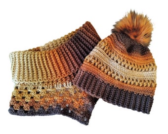 Triangle Granny Square Cowl with Collar OR Pom Beanie in Shades of Brown - Mix or Match