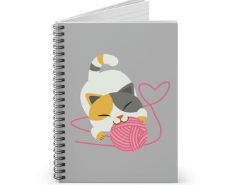 Crafter's Spiral Notebook - Ruled Line - Calico Cat with Pink Yarn Ball on Light Gray Background