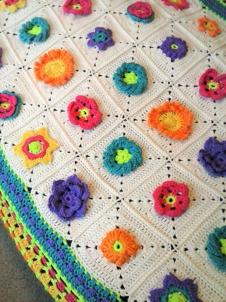 Bright and Colorful Flower Blanket 3 Dimensional Flower Blanket Meadow Mystery Throw Floral Patchwork Throw Multi Color Garden Throw