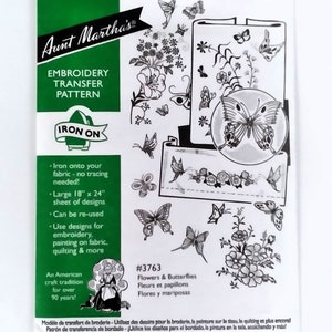 Aunt Martha's Hot Iron Transfers, Discontinued or Hard to Find Iron on Designs to Embroider or Paint, for Fabric, Linens, and Clothing 3763Floral Butterfly