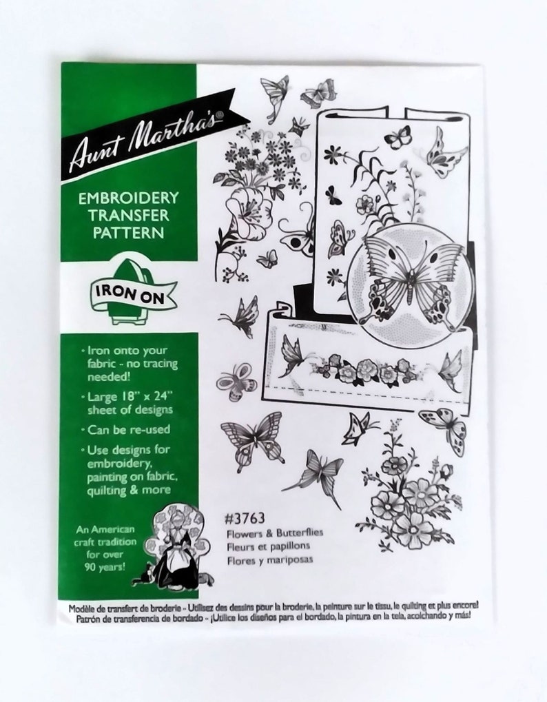 Aunt Martha's Hot Iron Transfers, Discontinued or Hard to Find Iron on Designs to Embroider or Paint, for Fabric, Linens, and Clothing 3763Floral Butterfly