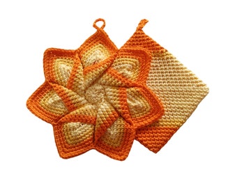 Square Hotpad and Star Flower Potholder Set - Yellow and Orange