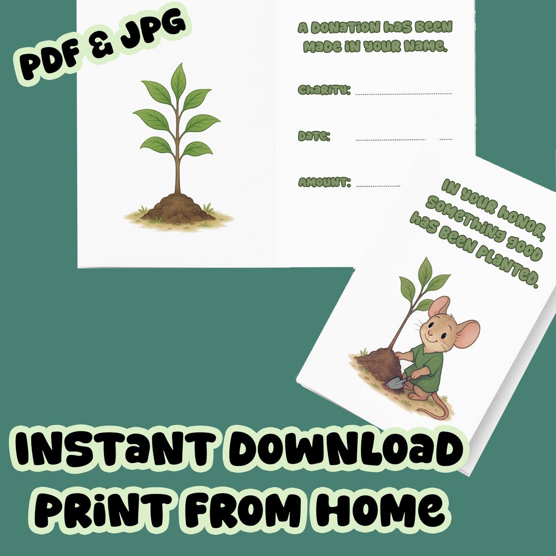 Printable Donation in Your Honor Card – Mouse Planting Tree Art ...