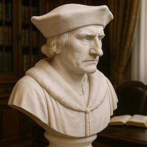 Könnte beinhalten: Marmor-Büste eines Mannes mit Hut und Robe, auf einem quadratischen Sockel mit der Inschrift "S. Thomas More". Die Skulptur steht vor einem verschwommenen Hintergrund einer Bibliothek.