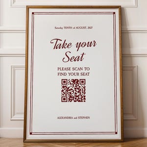 QR Code Seating Chart Sign Template - Burgundy Red Luxury Wedding | BW1