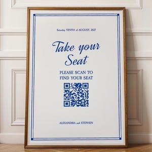 Digital QR Code Seating Chart Sign Template, Cobalt Blue Luxury Wedding | BW1