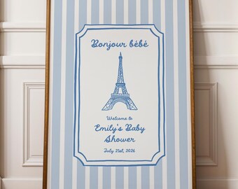 Striped Bonjour Bébé Paris Baby Shower Welcome Sign Template | PR1