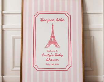 Paris Bonjour Bébé Baby Shower Welcome Sign Template, Eiffel Tower Striped | PR1