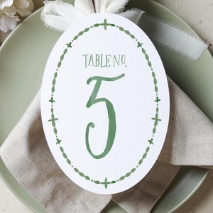 May include: An oval table number card with the text "TABLE NO. 5" in green, set on a green plate with a folded beige napkin. The card is decorated with a green dotted border. Decorative flowers are in the background.
