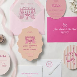May include: A collection of pink and peach wedding stationery, including invitations, RSVP cards, and envelopes. The invitations feature a detailed illustration of a building. The stationery includes the names "Kayla and Daniel" and "Kayla Robinson and Daniel Kennedy".