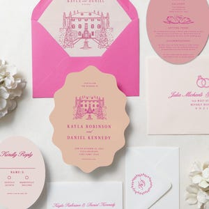 May include: A wedding stationery set featuring a scalloped-edge invitation, oval details card, and RSVP card in shades of pink and cream. The items display magenta ink illustrations of a villa, swan motifs, and text including Kayla and Daniel.