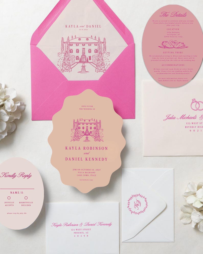 May include: A wedding stationery set featuring a scalloped-edge invitation, oval details card, and RSVP card in shades of pink and cream. The items display magenta ink illustrations of a villa, swan motifs, and text including Kayla and Daniel.