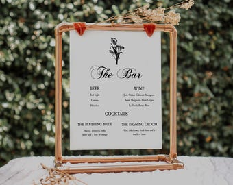 Calla Lily Wedding Bar Menu Sign with Hand Drawn Flowers | LILY