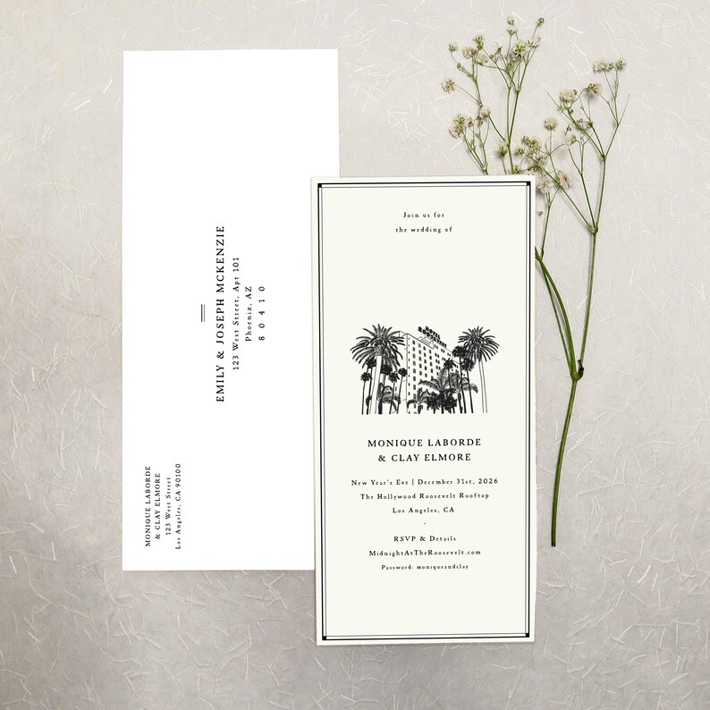 May include: A white wedding invitation and matching envelope featuring black text and a line drawing of a hotel surrounded by palm trees. The invitation includes the names Monique Laborde and Clay Elmore, the date December 31st, 2026, and venue details.