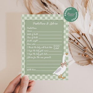 May include: A baby shower game card with a sage green background and a checkered border. The card features a goose illustration with a bow and prompts for predictions and advice. Text includes "Predictions & Advice" and "Printed & Shipped".
