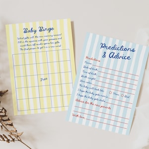 May include: Two baby shower game cards. One is yellow with blue stripes and says "Baby Bingo". The other is blue with white stripes and says "Predictions & Advice". Both cards have text and lines for writing.
