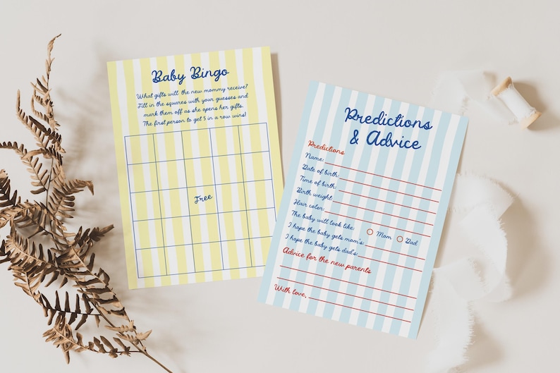 May include: Two baby shower game cards. One is yellow with blue stripes and says "Baby Bingo". The other is blue with white stripes and says "Predictions & Advice". Both cards have text and lines for writing.