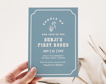 First Rodeo Birthday Invitation Template - Western Cowboy Party Invite | LC1