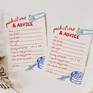 May include: Two baby shower prediction and advice cards with red text that reads "predictions & ADVICE". The cards have lines for guests to fill out, with illustrations of dumplings and chopsticks.