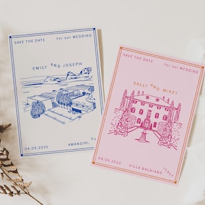 May include: Two rectangular save the date cards. The left card is white with blue ink, featuring a line drawing of a building, the text Emily and Joseph, and the date 04.08.2026. The right card is pink with red ink, showing a villa illustration, the text Sally and Mikey, and the date 04.08.2026.