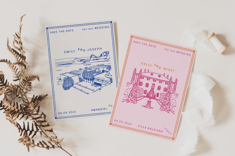 May include: Two rectangular save the date cards. The left card is white with blue ink, featuring a line drawing of a building, the text Emily and Joseph, and the date 04.08.2026. The right card is pink with red ink, showing a villa illustration, the text Sally and Mikey, and the date 04.08.2026.