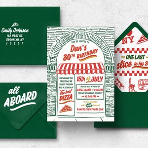 May include: A birthday invitation set featuring a green envelope with return address, a green envelope with all aboard text, and a central card with a pizza shop illustration, red and green text reading Dan's 30th Birthday, and a patterned liner.