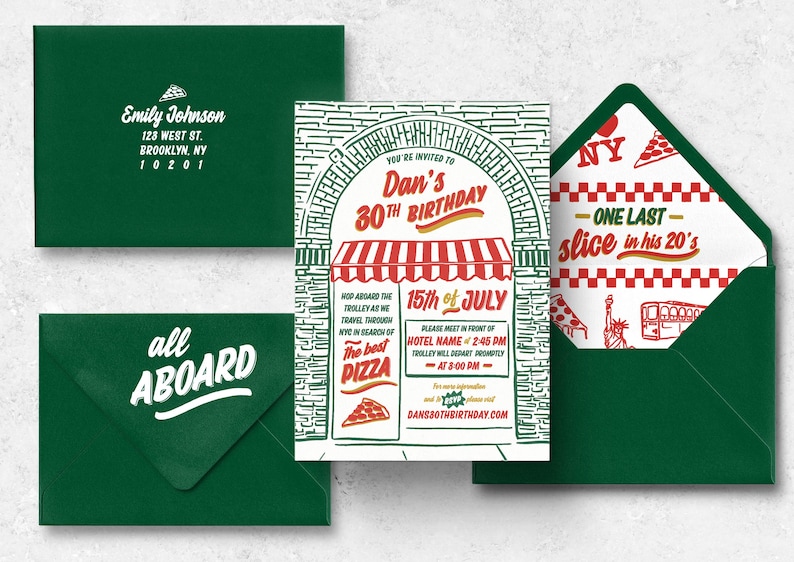 May include: A birthday invitation set featuring a green envelope with return address, a green envelope with all aboard text, and a central card with a pizza shop illustration, red and green text reading Dan's 30th Birthday, and a patterned liner.