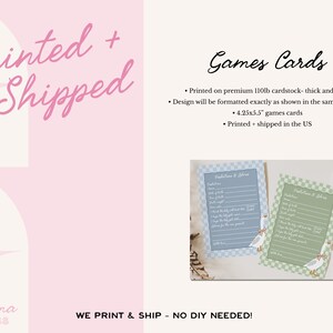 May include: Two game cards with a blue and green checkered border, each with a list of prompts. The cards are 4.25x5.5 inches. The text "Printed + Shipped" is in pink script. The text "Games Cards" is in black script.
