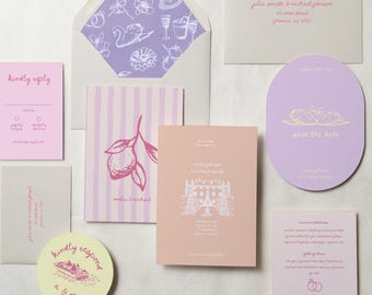 May include: A wedding stationery suite featuring a light purple envelope with a white illustrated liner, a pink striped card with a lemon graphic, a peach card with a building illustration, and a light purple oval card with gold swan graphics.