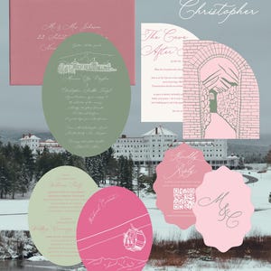 May include: A wedding stationery suite featuring a pink envelope, an oval sage green invitation, a pink arch-shaped card with a brick tunnel illustration, a light green oval card, a pink oval card with a gondola graphic, and two pink scalloped cards.