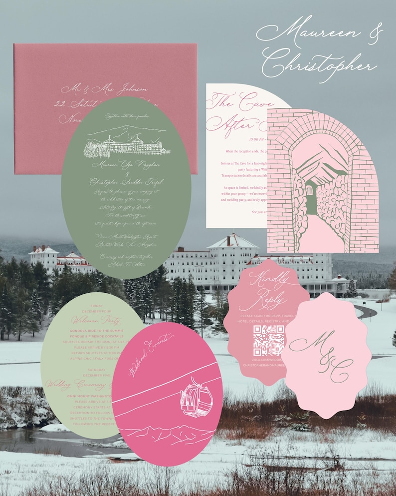 May include: A wedding stationery suite featuring a pink envelope, an oval sage green invitation, a pink arch-shaped card with a brick tunnel illustration, a light green oval card, a pink oval card with a gondola graphic, and two pink scalloped cards.