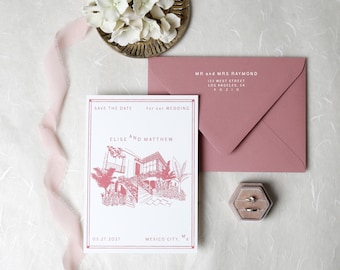 May include: A white save the date card with a pink line drawing of a house, text reading Elise and Matthew, and Mexico City, MX. Accompanied by a dusty pink envelope addressed to Mr and Mrs Raymond, a hexagonal velvet ring box, and a pink ribbon.