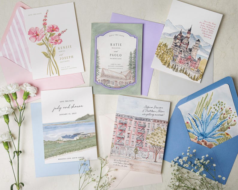 May include: A collection of five rectangular save the date cards featuring watercolor illustrations of flowers, a castle, a coastal landscape, a city building, and a desert plant, accompanied by matching envelopes in pink, purple, and blue.