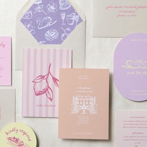 May include: A wedding stationery suite featuring an envelope with a purple patterned liner, a pink striped card with a lemon illustration, a peach card with a building sketch, a lavender oval save the date, and various pink and gray information cards.