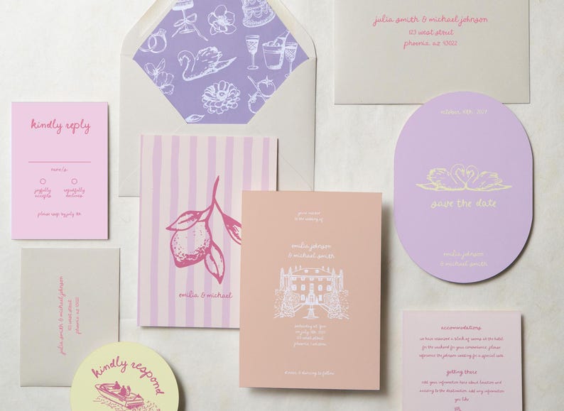 May include: A wedding stationery suite featuring an envelope with a purple patterned liner, a pink striped card with a lemon illustration, a peach card with a building sketch, a lavender oval save the date, and various pink and gray information cards.