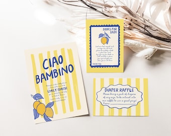 Invitación para baby shower de Ciao Bambino - Invitación italiana a rayas - ARCHIVOS DIGITALES