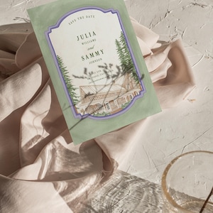 May include: A rectangular Save the Date card with a sage green background and a purple-bordered frame. The text reads: SAVE THE DATE, JULIA WILLIAMS and SAMMY JOHNSON, JULY 5TH, 2025, GRAEAGLE, CALIFORNIA, juliaandsammy.minted.us. It features pine trees and a house.