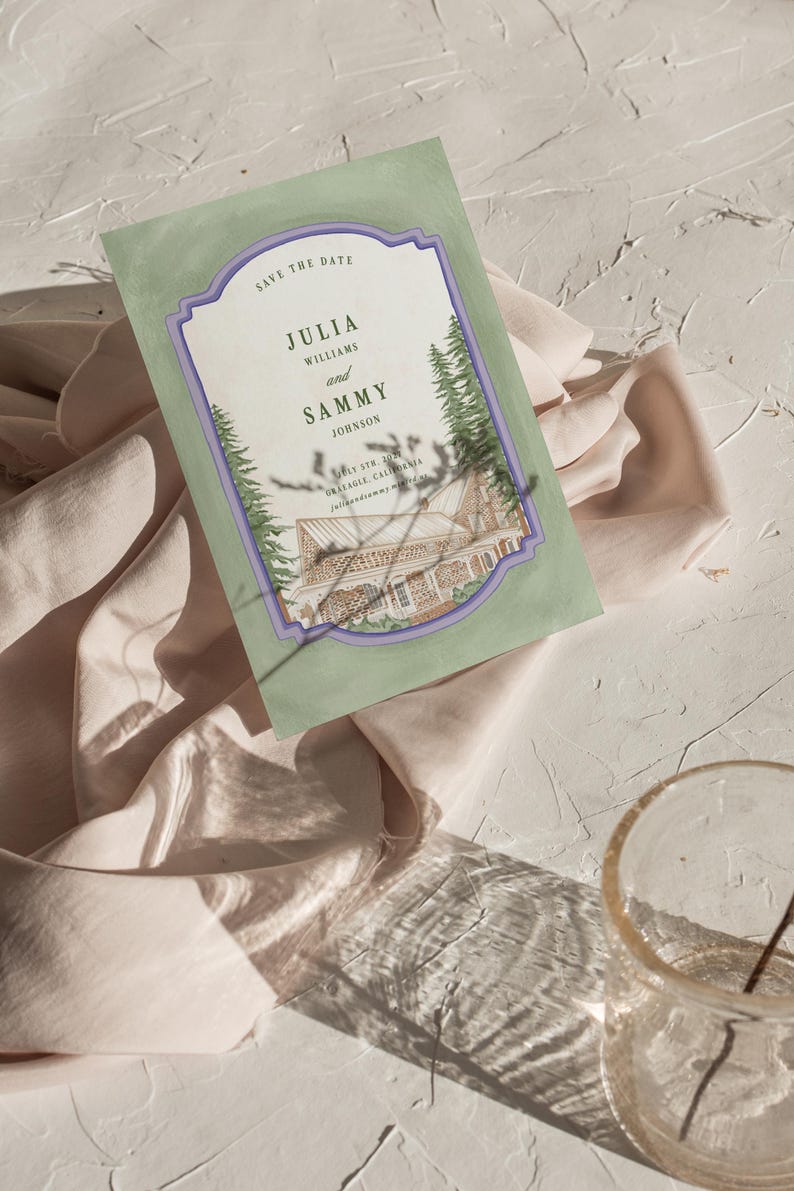 May include: A rectangular Save the Date card with a sage green background and a purple-bordered frame. The text reads: SAVE THE DATE, JULIA WILLIAMS and SAMMY JOHNSON, JULY 5TH, 2025, GRAEAGLE, CALIFORNIA, juliaandsammy.minted.us. It features pine trees and a house.