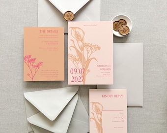Puede incluir: Juego de papelería de boda con tarjetas melocotón y rosa con ilustraciones florales y texto. Incluye sobres, un sello de cera y una tarjeta de respuesta. La tarjeta de invitación muestra la fecha 09.07.2027.